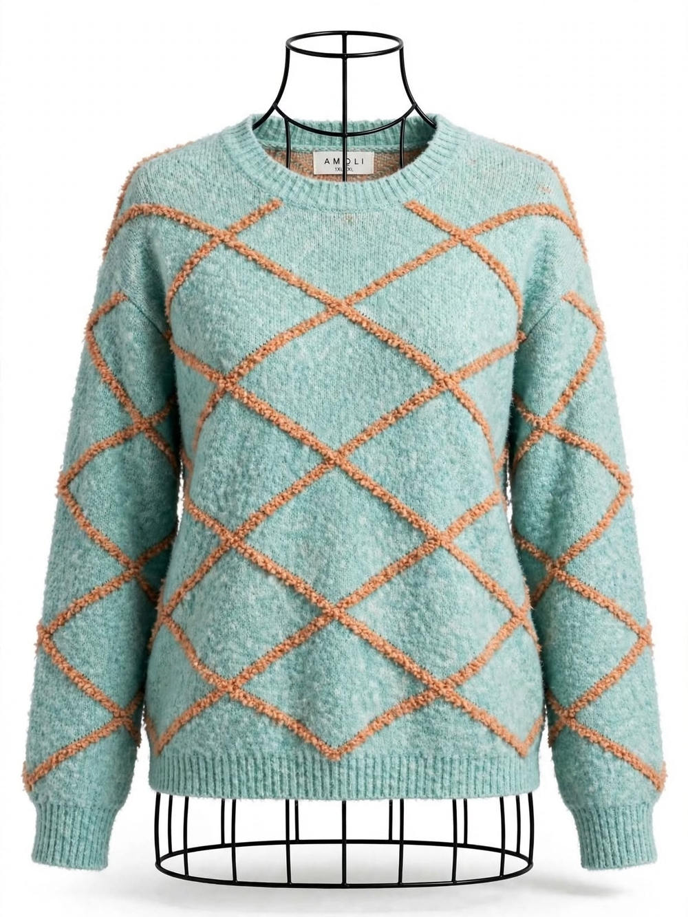 Amoli  Mint Green Crewneck Sweater with Tan Diamond Detail